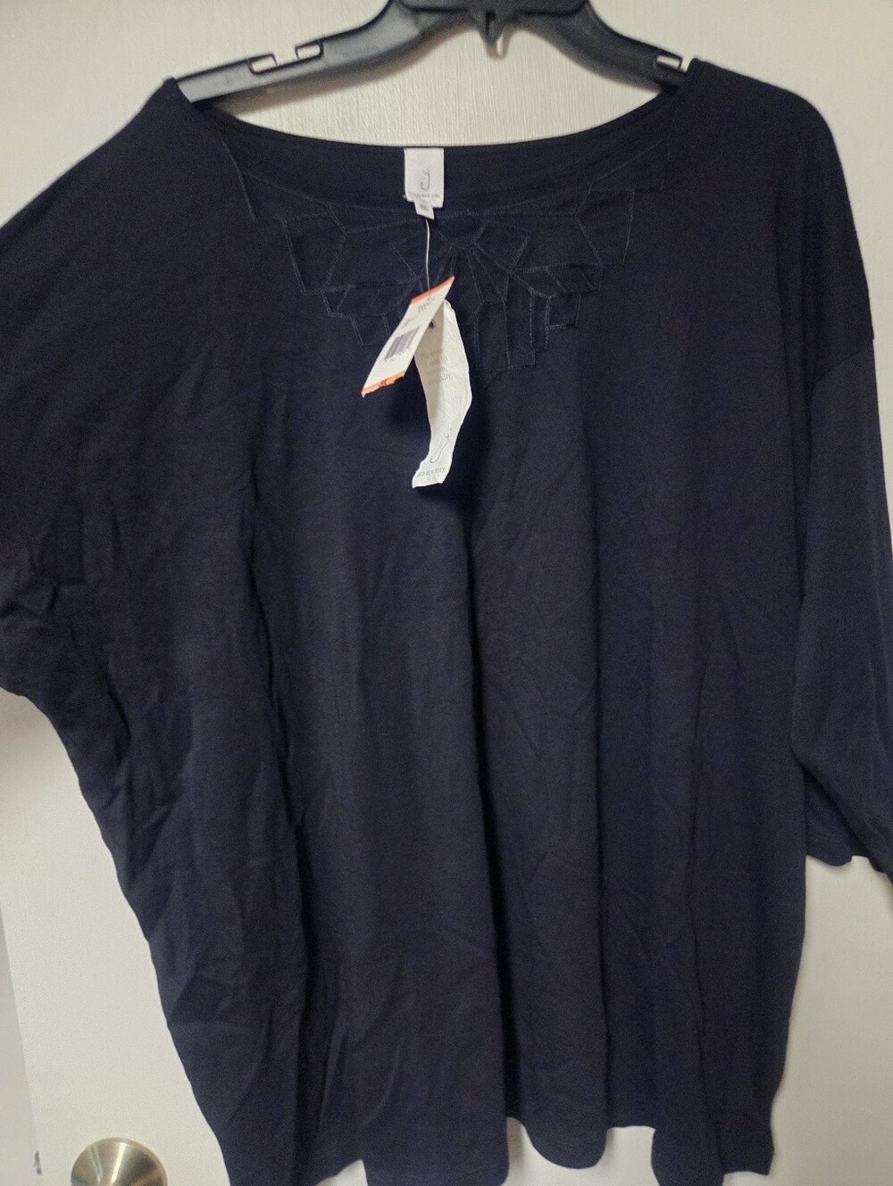Jones New York Navy Short Sleeve Tee with Embroidered Yoke